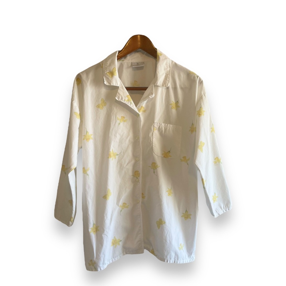 Yves Delorme Women White Yellow Daffodil Butterfly Cotton Sleep Shirt Size L